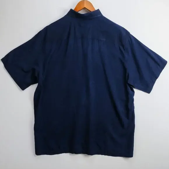 Caribbean 100% Silk Shirt Mens XL Navy Palm Textured Tropical Short Sleeve - Picture 9 of 11